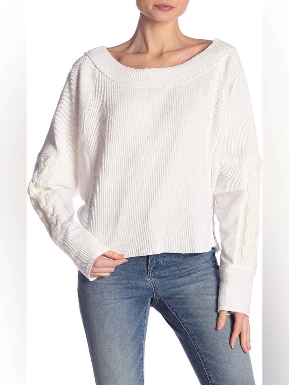Free people cotton Josie off shoulder White Knit Pullover Sweater small